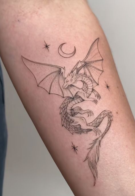 Tattoo Dragon With Flowers, Fine Dragon Tattoo, Tiny Dragon Tattoo For Women, Dainty Dragon Tattoo For Women, Dragon Foot Tattoo For Women, Dragon With Moon Tattoo, Line Work Dragon Tattoo, Girly Dragon Tattoo, Dragon Small Tattoo