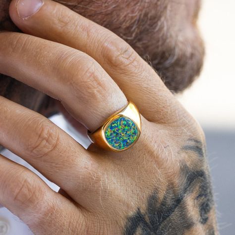 Men Opal Ring, Mens Opal Rings, Masculine Rings, Oval Opal Ring, Opal Gold Ring, Mens Pinky Ring, Mens Gemstone Rings, Jewellery Pouch, Signet Ring Men