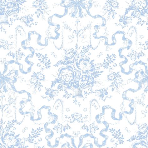 This dreamy damask wallpaper features a bouquet of roses and floral garland framed by a bow and its free-flowing tails. The charming, vintage-inspired illustrations are inked in pale blue against crisp white. Blue Floral Vintage Wallpaper, Light Blue Floral Wallpaper, Blue Toile Wallpaper, Blue And White Floral Wallpaper, Blue Vintage Wallpaper, Aesthetic Questions, Pale Blue Wallpaper, Wallpaper Light Blue, Nursery Blue