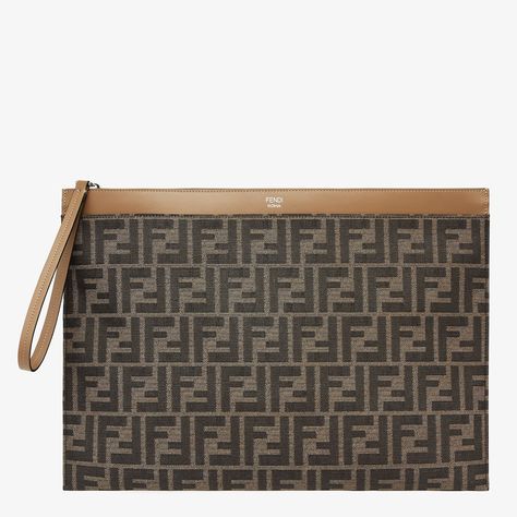 Large Flat FF Pouch - Brown fabric pouch | Fendi Fendi Pouch, Fendi Clutch, Fendi Logo Design, Fendi Store, Fabric Pouch, Flat Pouch, Fendi Logo, Hand Model, Silver Logo