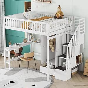 Full Size Loft Bed with Desk and Wardrobe Wood Loft Bed with Stairs Storage Staircase and Shelves, High Loft Bed with Steps for Kids Boys Girls Teens, White Bed With Bookshelf, Desk And Wardrobe, Full Size Loft Bed, Desk Wardrobe, Bed With Wardrobe, Bookshelf Bed, Loft Bed With Desk, Whimsical Bedroom, Loft Bed Frame