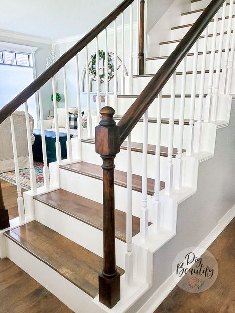 Brown And White Stair Railing, Decorating Next To Staircase, Stained Bannister Ideas, Dark Bannister Light Floor, Cadiz, Stair Makeover Railings, Replace Metal Stair Railing, Painted Open Staircase, Updated Railing Stairways