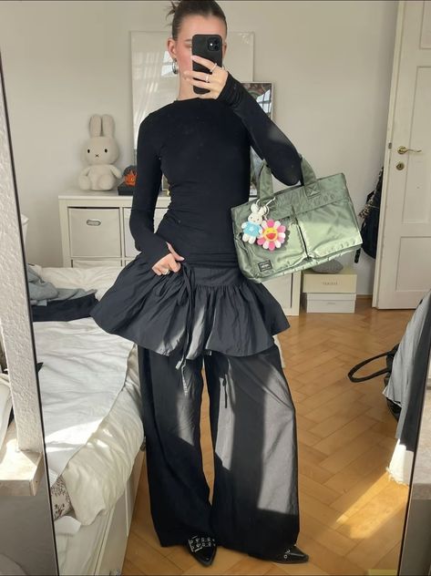 All Black Orchestra Outfit, Skirt Layered Over Pants, Alt Formal Outfits, Art Mom Aesthetic Outfit, Skirt And Pants Combo, Dress With Pants Underneath, Arm Warmers Outfit, Slip Dress Layering, Skirt Over Pants