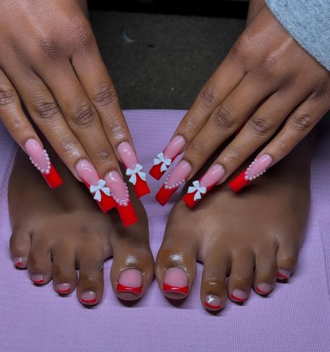 Red coquette set ❤️ ~ ~ ~ #explore #explorepage #nails #longnails #nailinspo #frenchtipnails #acrylicnails Red Nails Inspo 2024, Red Long Nails Designs, Red French Tip Nails Toes, Red Acrylic Toes, Red Bday Nails, Red Nails With Charms, Red French Tip Nails With Design, Red French Tip Toes, Red Bottoms Nails