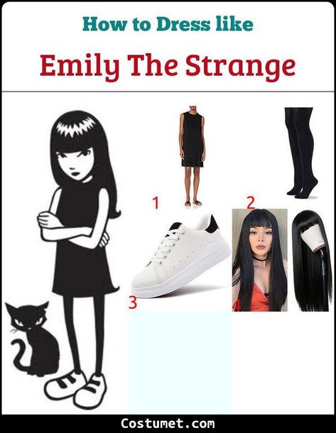 Emily The Strange Costume for Cosplay & Halloween 2022 Emily The Strange Halloween Costume, Emily The Strange Cosplay, Emily The Strange Costume, Dress Tights, Full Bangs, Emily The Strange, 70s Outfits, Long Dark Hair, Halloween 2022