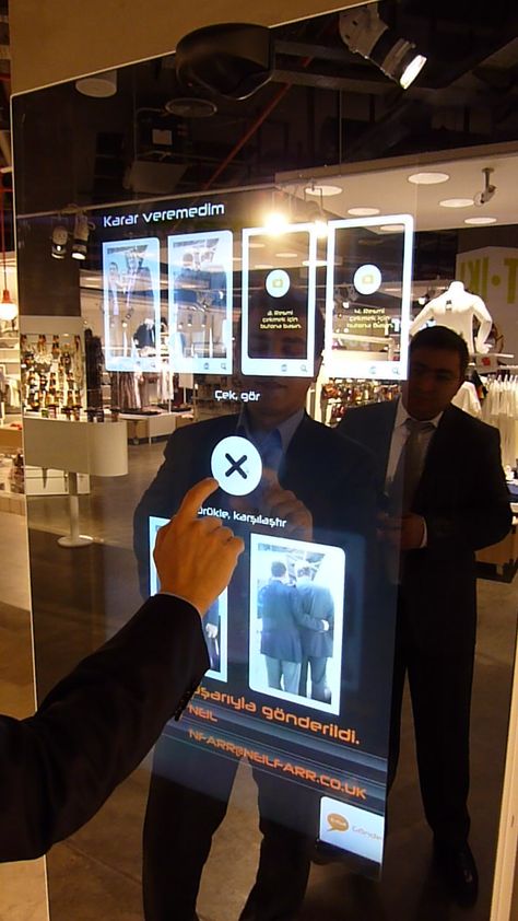 Retail Technology | The Future of Retail | Touch-screen mirrors installed into retail outlets....finger prints??? Interactive Retail, Screen Installation, Digital Retail, Retail Technology, Interactive Walls, Smart Mirror, Interactive Display, Retail Concepts, Interactive Media