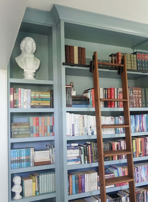 Painted Wall Bookshelves, Blue Library Bookshelves, Blue Bookcase Living Room, Light Blue Built In Bookcase, Blue And White Library, Blue Built In Bookshelves, Light Blue Bookcase, Blue Bookshelves Living Room, Blue Bookshelf Aesthetic