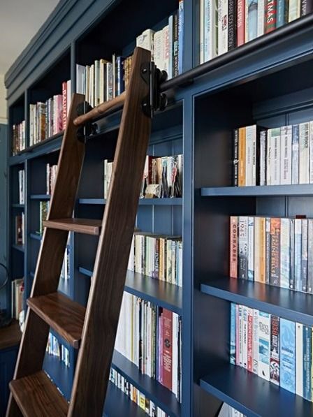 Rolling library ladder on a bespoke blue library bookcase - Bookcase by Barns of Ashburton Bookcase Wall With Ladder, Blue Bookshelf Aesthetic, Rolling Ladder Bookshelf, Blue Library Aesthetic, Library Ladders Rolling, Tiny Library Room, Blue Library, Blue Bookshelves, Library Ladders