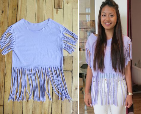 DIY Projects to Try: Make Your Own Fringe T-shirt - Pretty Designs Diy Fringe Shirt, Cute Cut Shirts, Fringe Tee Shirt, Tee Shirts Diy, Distressed Tshirt Diy, Cut Shirt Designs, Diy Fringe, T Shirt Tutorial, Diy Cut Shirts