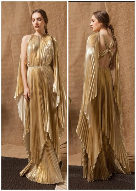 Greek Style Dress Goddesses, Modern Greek Goddess Outfits, Greek Fashion Modern, Greek Dress Goddesses, Roman Dresses, Greek Style Dress, Gold Pleated Skirt, Egyptian Dress, Golden Fashion