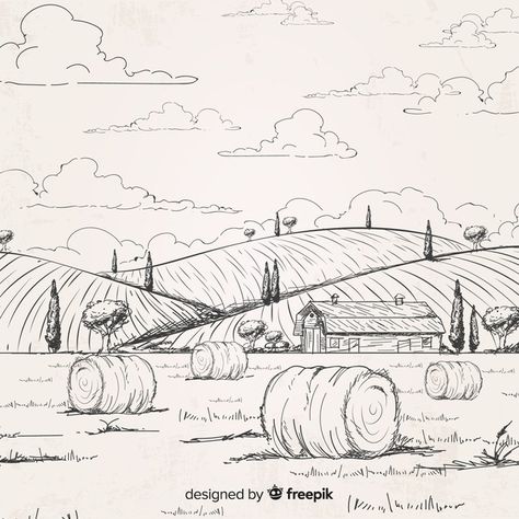 Hand drawn farm landscape Free Vector | Free Vector #Freepik #freevector #freetree #freehand #freenature #freehand-drawn Hand Drawn, Hay Bales, Art, Black, Farm Landscape, A Drawing, Black And White, White