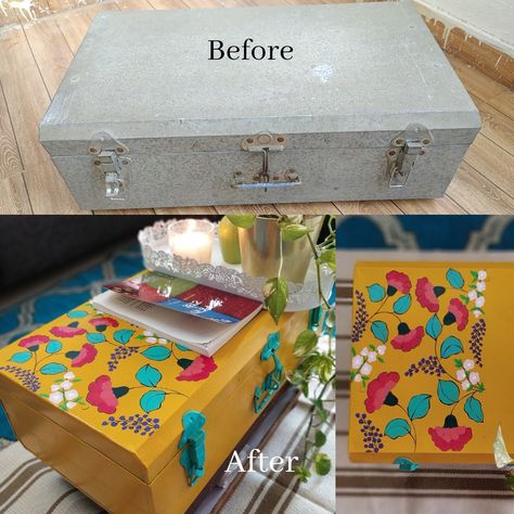 Old trunk to Brand new trunk transformation. Trunk Upcycle Diy Projects, Upcycling, Old Trunk Ideas Repurposed Diy, Old Trunk Decor, Old Trunk Painting Ideas, Diy Old Trunk Makeover, Painting Old Trunks Ideas, Metal Box Painting Ideas, Old Box Decor Ideas