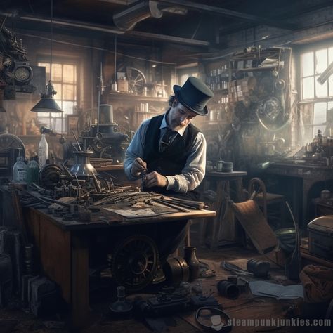 #Inventor #workshop #workshop #creation #engineering #victorian Fantasy Tinkerer Workshop, Mechanical Workshop Design, Workshop Fantasy Art, Fantasy Inventor Aesthetic, Artificer Workshop, Victorian Inventor, Inventor Workshop, Workshop Steampunk, Inventor Aesthetic