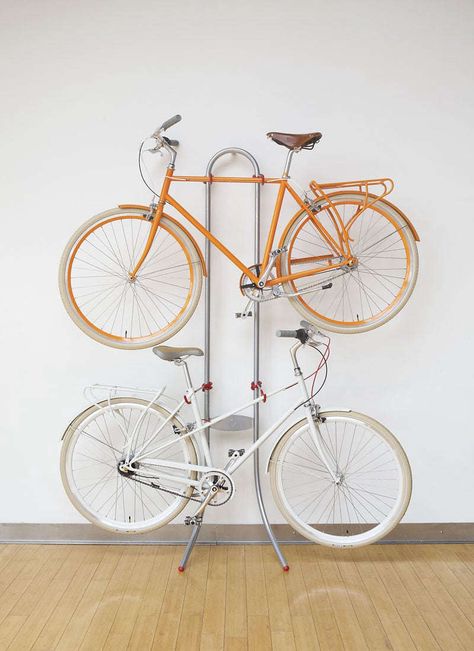 10 Easy Pieces: Cool Indoor Bike Racks, from Cheap to Not Cheap - The Organized Home Bike Storage Outdoor, Fixie Bike Ideas, Standing Bike Rack, Bike Storage Apartment, Bicycle Storage Rack, Indoor Bike Rack, Indoor Bike Storage, Organized Garage, Bike Shelf