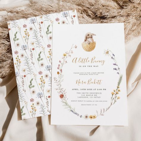 Bunny Baby Shower Invites, Whimsical Baby Shower, Easter Baby Shower, Wildflower Pattern, Easter Invitations, Modern Baby Shower Invitations, Wildflower Baby Shower, Wildflower Wreath, Bunny Baby Shower