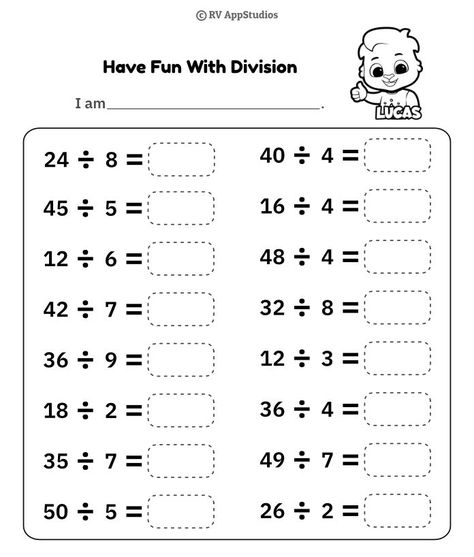 Kids will have fun dividing and learning math skills. This worksheet is perfect for practicing division. Children can see how good they are with multiplication tables with this Division worksheet. #division #divisiontricks #math #maths #rvappstudios #mathproblem Divide Math Worksheet, Division Worksheets For Grade 2, Divide Worksheet, Division Worksheets Grade 3, Division For Kids, Math Fractions Worksheets, Multiplication And Division Worksheets, Math Division Worksheets, Kindergarten Addition Worksheets