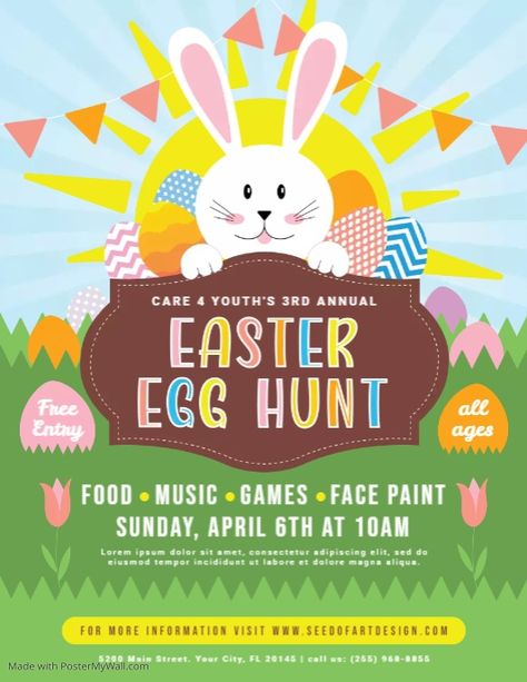 Easter Flyer Design, Easter Flyer Background, Easter Design Poster, Easter Bunny Egg Hunt, Easter Egg Hunt Flyer, Easter Flyer, Easter Flyers, Colorful Eggs, Eggs Flowers