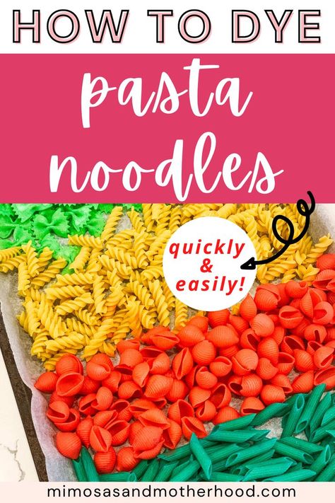 Learn how to dye pasta for crafts with this simple tutorial, and use the colorful noodles for sensory bins, crafts and more activities! * Mimosas & Motherhood Dye Pasta For Crafts, November Stem Activities, Dye Pasta, Colored Noodles, Pasta Crafts, Kitchen Tile Backsplash, Kids Pasta, Noodle Art, Colored Pasta