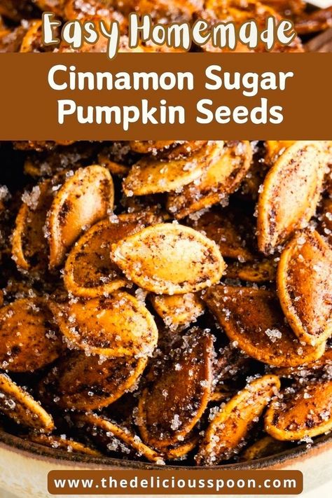 Enjoy the perfect fall snack with cinnamon sugar roasted pumpkin seeds! Easy to make, gluten-free, and vegetarian, these healthy treats are baked to crispy perfection in the oven. Savor the delightful blend of sweet and spicy flavors, perfect for a guilt-free snack or topping. Pumpkin Seed Recipes Baked, Baked Pumpkin Seeds, Cinnamon Sugar Pumpkin Seeds, Pumpkin Seeds Cinnamon, Pumpkin Seeds Baked, Cinnamon Sugar Recipes, Pumpkin Seeds Recipe, Pumpkin Seeds Benefits, Seed Recipes