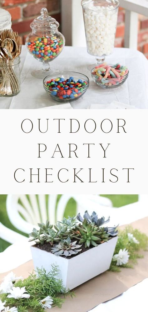 Planning a dinner party can be fun and exciting if you have a plan. This easy DIY event planning checklist for a large or small, outdoor, backyard, BBQ, Halloween, holiday, birthday, graduation, mother's day, Christmas, Thanksgiving or any day will help you create a relaxing and warm lunch or dinner for guests. How to plan decoration for an at home party with food, menu and recipes, themes and much more. Free printable outdoor party planning checklist. Backyard Party Essentials, Outdoor Party Must Haves, Backyard Setup For Party, Birthday Bbq Decorations, Backyard Party Decorating Ideas, Small Outdoor Party Setup, How To Decorate A Table For A Party, Backyard Party Set Up, Outdoor Party Table Set Up