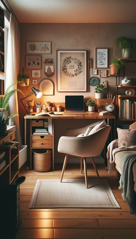 Home Office Renter Friendly, Home Office Nature Inspired, Above The Desk Wall Decor, Desk Setup Corner, Cozy Office Setup, Earthy Office Space, Small Cozy Office, Art Desk Setup, Cozy Study Space