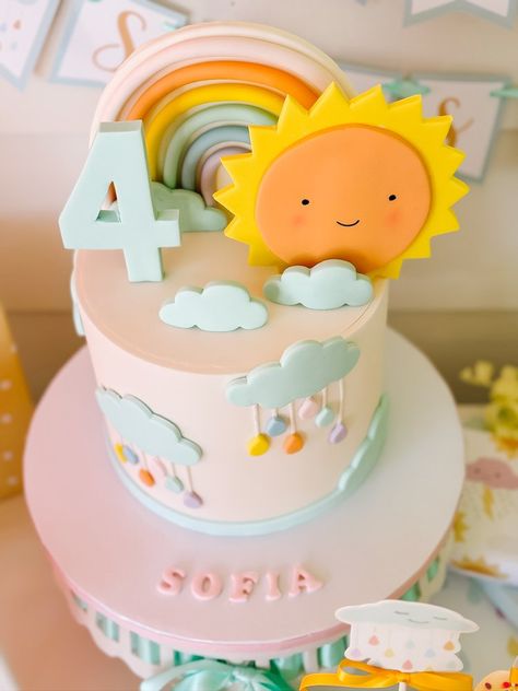 Goodnight Fox - Little sunshine Kids Birthday party Theme Sunshine Cake Ideas, Sunshine Theme Cake, Sun Themed Cake, Sunshine Cakes, Sunshine Birthday Theme, Slipping Through My Fingers, Bubble Party Favors, Rainbow Balloon Arch, Teal Party