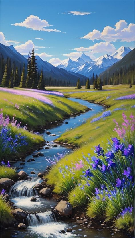 Meadow Fantasy Art, Meadow Painting Acrylic, Library Forest, Fairy Garden Ideas Enchanted Forest, Mountains In The Distance, Spring Scene, One Point Perspective, Spring Pictures, Scenery Paintings