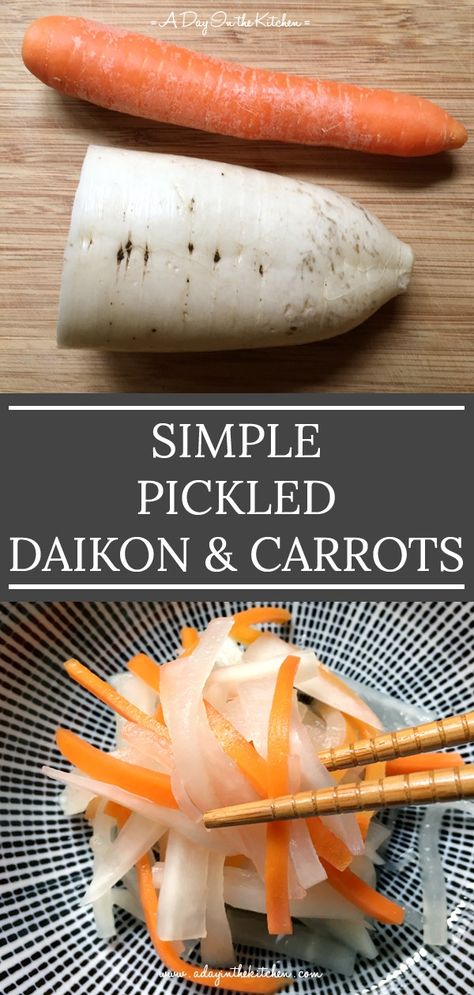 Pickled Daikon And Carrots, Pickled Daikon Recipe, Pickled Carrots And Daikon, Daikon Recipe, Pickled Daikon, Pickled Vegetables Recipe, Vietnamese Sandwich, Radish Recipes, Pickled Carrots