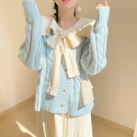 These cute sweater aesthetics are now at Juwas! Shop now at https://www.juwas.com/ Blue Cute Clothes, Light Blue Clothing Aesthetic, Soft Blue Clothes, Blue Aesthetic Clothes, Blue Outfits Aesthetic, Knitted Dress Winter, Dress Winter Long, Pastel Blue Outfit, Blue Cardigan Outfit