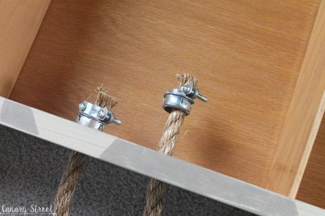 A simple trick to attach rope handles to furniture. www.canarystreetcrafts.com Nautical Nursery Boy, Rope Pulls, Nautical Rope, Wooden Lanterns, Nautical Nursery, Weekend Projects, Upcycle Projects, Rope Handles, Simple Tricks