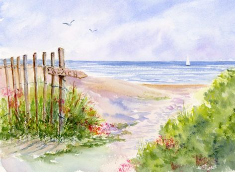 Cape Cod Painting, Cod Art, Cape Cod Beach, Sailing Day, Beach Path, Watercolor Beach, Cape Cod Beaches, Sailboat Art, Nature Watercolor