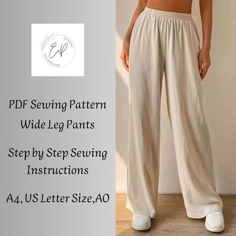 Wide-leg woman's pants pattern, designed for comfort and style. Large sizes available, easy to sew and perfect for effortless everyday wear. Instant PDF download. No hassle, just sew and wear.. #Dress #patterns #free Wide Pant Pattern, Sewing For Plus Size Women, Sew Lounge Wear, How To Sew Wide Leg Pants, Plus Size Pants Sewing Pattern, Flowy Pants Pattern Sewing, Easy Wide Leg Pants Pattern, Beginner Pants Sewing Pattern, Easy Sew Pants