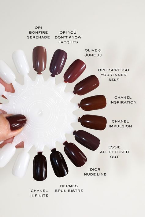 Dark Brown Nails Almond Shape, Opi Brown Red Nail Polish, Opi Halloween Colors, Essie Brown Nail Polish Shades, Cognac Nail Polish, Opi Brown Chrome Nails, Brown Opi Colors, Opi Dark Brown Nail Polish, Best Opi Brown Colors