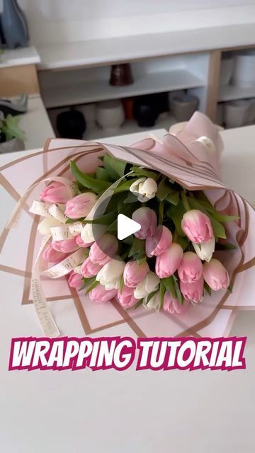 Flower Bouquet In Paper, Round Flower Bouquet, Bouquet Wrapping Tutorial, Wrapping Bouquet, Tulip Season, Flower Wrapping, How To Wrap, Round Flower, How To Wrap Flowers