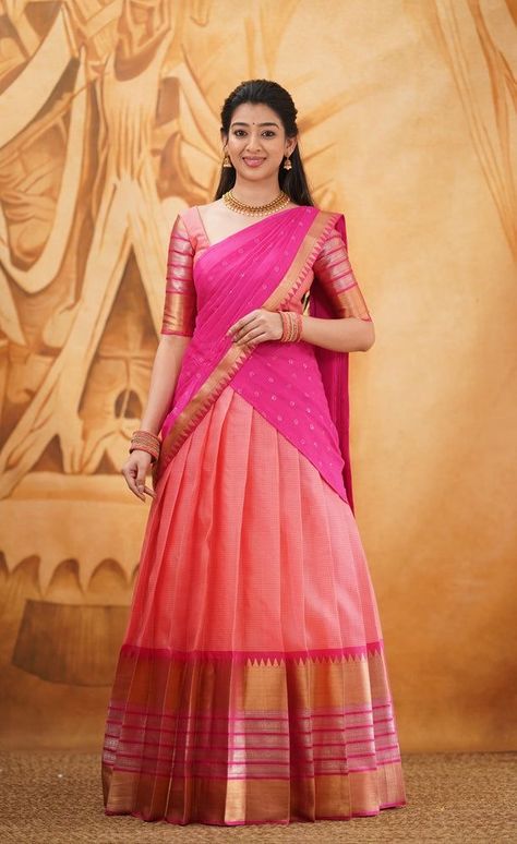 Modern Half Saree, Silk Half Saree, Bridal Lehenga Designs, Long Frock Designs, Sarees For Girls, Half Saree Lehenga, Half Sarees, Traditional Indian Dress, Gaun Fashion