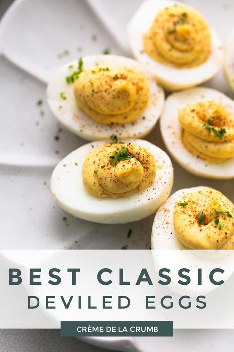 These are the BEST Classic Deviled Eggs you’ll ever make. When you want a perfectly savory, creamy whipped deviled egg filling, keep it classic and follow this simple recipe! Deviled Egg Filling, Classic Deviled Eggs Recipe, Homemade Crab Cakes, Spicy Deviled Eggs, Classic Deviled Eggs, Deviled Eggs Recipe Classic, Avocado Deviled Eggs, Deviled Eggs Easy, Best Deviled Eggs