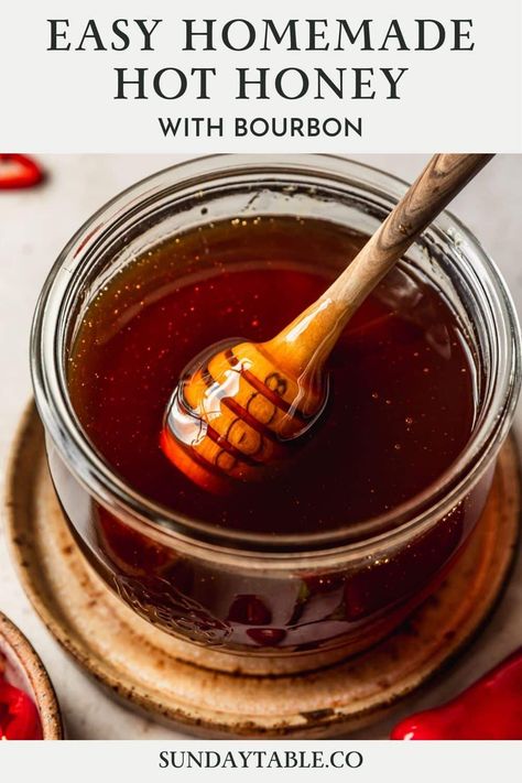 Super Easy Homemade Bourbon Hot Honey Homemade Hot Honey, Over Fried Chicken, Pizza Waffles, Homemade Bourbon, Hot Honey Recipe, Mango Iced Tea, Fall Eats, Fried Chicken Tenders, Homemade Holiday Gifts