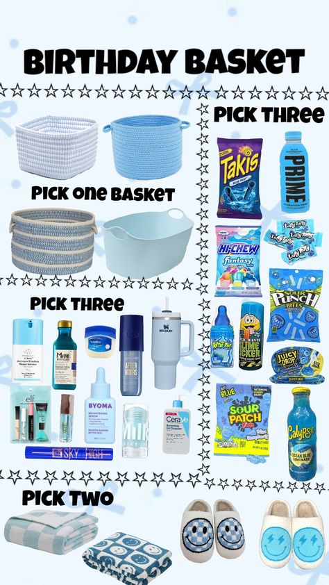 Blue Birthday Basket Gift Ideas, Boyfriend Bday Basket Ideas, Everything Blue Gift Basket, Feeling Blue Basket, Blue Birthday Gift Basket, Brr Basket For Boys, Birthday Basket Blue, Burr Basket Blue Theme, Senior Cheer Basket Ideas