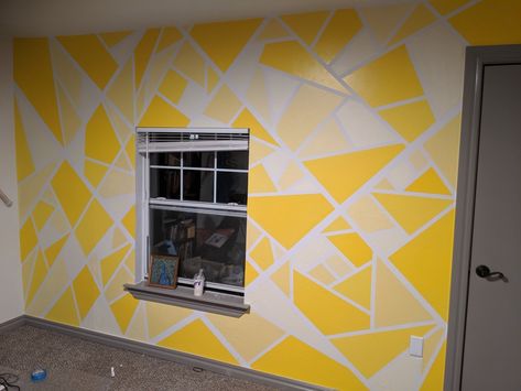 Yellow geometric wall paint Yellow Wall Painting Ideas, Yellow And Grey Wall Paint Ideas, Yellow And Gray Painted Walls, Yellow Wall Murals Painted, Geometric Wall Paint Yellow, Yellow Geometric Wall, Geometric Wall Paint, Wall Paint Patterns, White Wall Paint