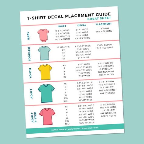 Tshirt Sizing Chart For Vinyl, Cricut Shirt Size Guide, Size Of Logo On Shirt, T Shirt Pricing Guide Vinyl, Cricut Vinyl T Shirt Ideas, Cricut Sizes For Shirts, Shirt Pricing Chart, Design Sizes For T Shirts, Graphic Placement On Shirt