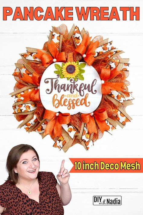 Pancake Deco Mesh Wreath, Pancake Wreath Tutorial, Deco Mesh Fall Wreaths Diy, Fall Deco Mesh Wreath Ideas, Diy Wreaths Easy, Pancake Wreath, Fall Wreath Tutorial, Ribbon Wreath Diy, Wreath Making Tutorials