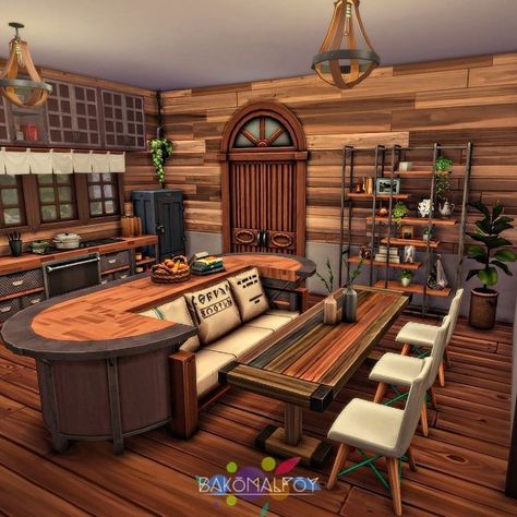 Cool Houses Sims 4, Sims 4 Furnishing Ideas, Sims 4 Lodge House, Sims House Build Ideas, Sims Home Design, Sims 4 Rustic Bedroom, Sims Houses Interior, Houses To Build On Sims 4, Sims 4 Outside Ideas