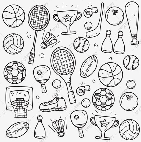 Tennis Doodle Art, Sports Doodle Art, Sports Equipment Drawing, Doodle Volleyball, Badminton Drawing Sketch, Football S, Badminton Doodle, Badminton Racket Drawing, Games Drawing Ideas