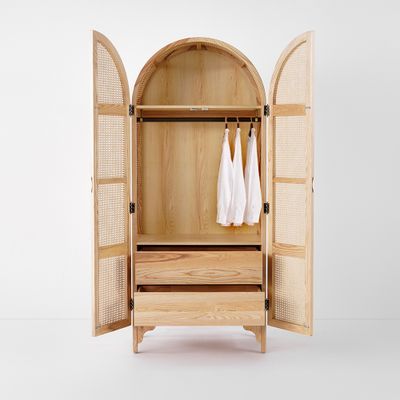 Woven Rattan Bedroom Clothing Armoire with Hidden 2 Doors and Drawers Wardrobe, Natural - Bedroom Furniture - Homary US Clothing Armoire, Rattan Bedroom, Armoire Wardrobe, Wardrobe Armoire, Woven Rattan, 2 Doors, Google Shopping, Home Remodeling, Lake House