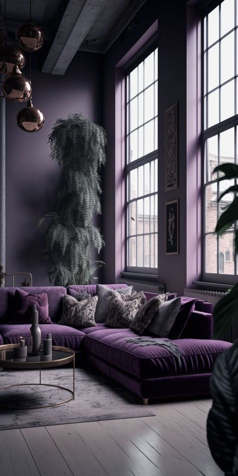 Minimalist Interior Design Living Room, Jewel Tone Living Room, Living Room Makeovers, Purple Living Room Ideas, Modern Minimalist Interior Design, Industrial Living Room, Purple Living Room, Purple Bedrooms, Room Makeovers