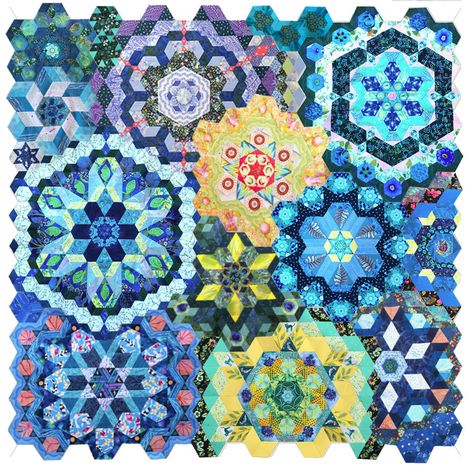 Hexagon Millefiore Update, July 2018 – OccasionalPiece–Quilt! La Passacaglia Quilt, Hand Pieced Quilts, Millefiori Quilts, Panel Quilt Patterns, Hexagon Quilts, Kaleidoscope Quilt, Flag Quilt, English Paper Piecing Quilts, Hexagon Quilt