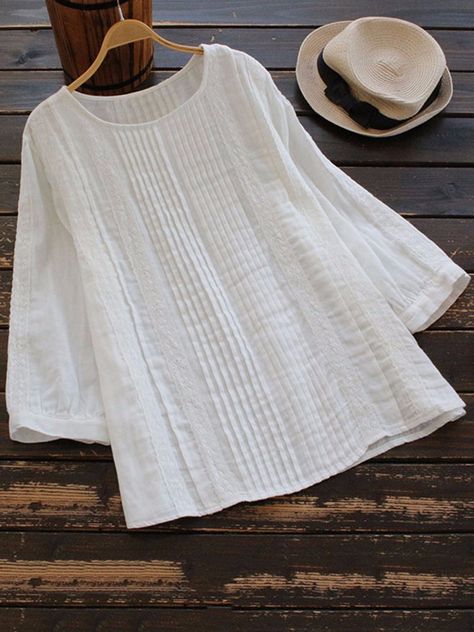 Papermoon Clothing, Long Blouse Outfit, Casual Embroidery, Cotton Tops Designs, Long Sleeve Loose Blouse, New Blouse Designs, Fashion Tops Blouse, Blouse For Women, Linen Blouse