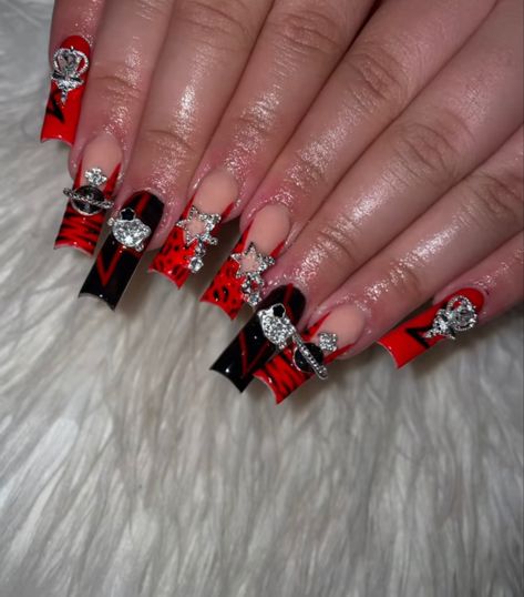 Red And Black Junk Nails, Long Nail Inspo Baddie Design, Red And Black Duck Nails, Red Freestyle Nails, Black And Red Acrylic Nails Ideas, Red Junk Nails, Red Nail Sets, I Love Me Nails, Acrylic Nail Designs Coffin