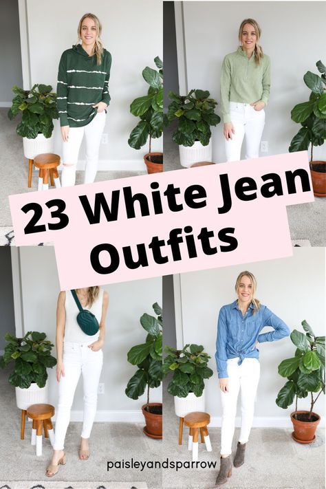 White jean outfit ideas for every season - winter, spring, summer, and fall! Ideas for how to wear white jeans or pants White Pantalon Outfit Winter, White Denim In Winter, Womens White Pants Outfits, White Jeans Dressy Outfits, How To Style White Jeans For Fall, How To Dress White Pants, Work Outfits Women White Pants, Outfits With White Pants Winter, White Jeans And Sneakers Outfit