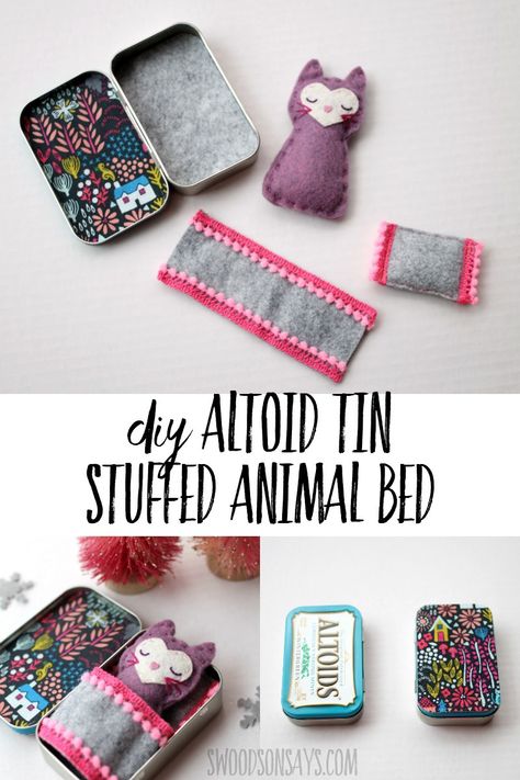 Upcycle an old altoids tin into a fun little sleeping spot for a felt toy! Download the free felt cat pattern as well and make a fun upcycled toy. Diy Altoid Tin, Felt Cat Pattern, Stuffed Animal Bed, Sewing Kits Diy, Mint Tin Crafts, Animal Bed, Altoids Tin, Diy Star, Felt Toys Patterns